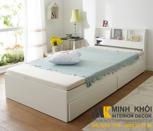 Giường ngủ gỗ MDF sơn trắng có hộc kéo - GN016