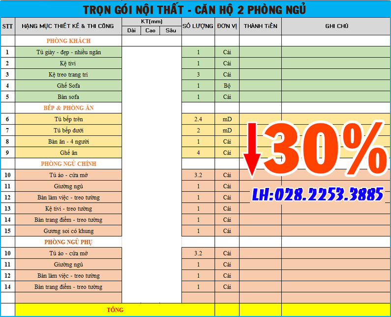 giá sản xuất và thi công nội thất 2 phòng ngủ