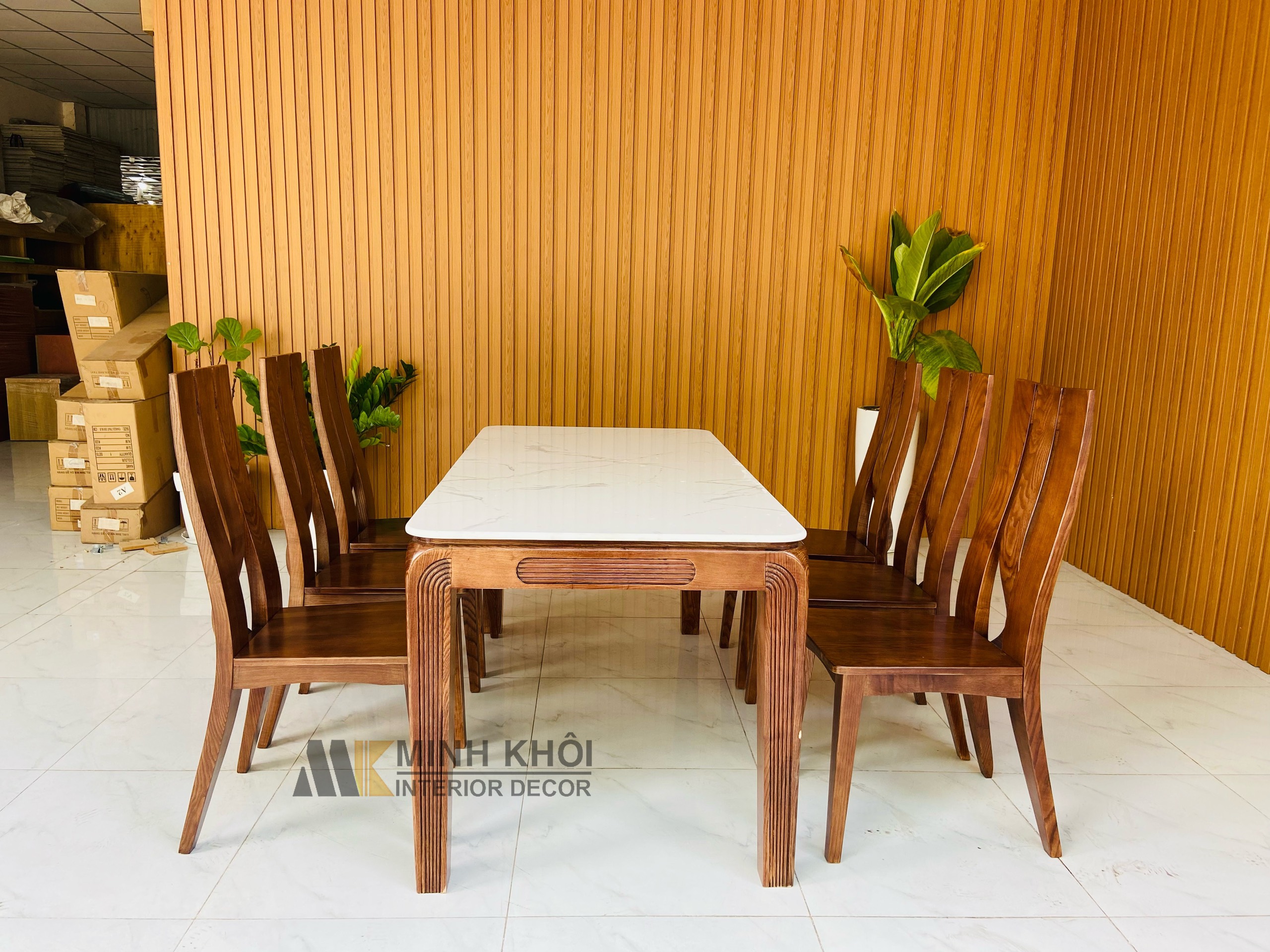 Bàn Ăn Mặt Đá Trắng Gỗ Sồi - BA234