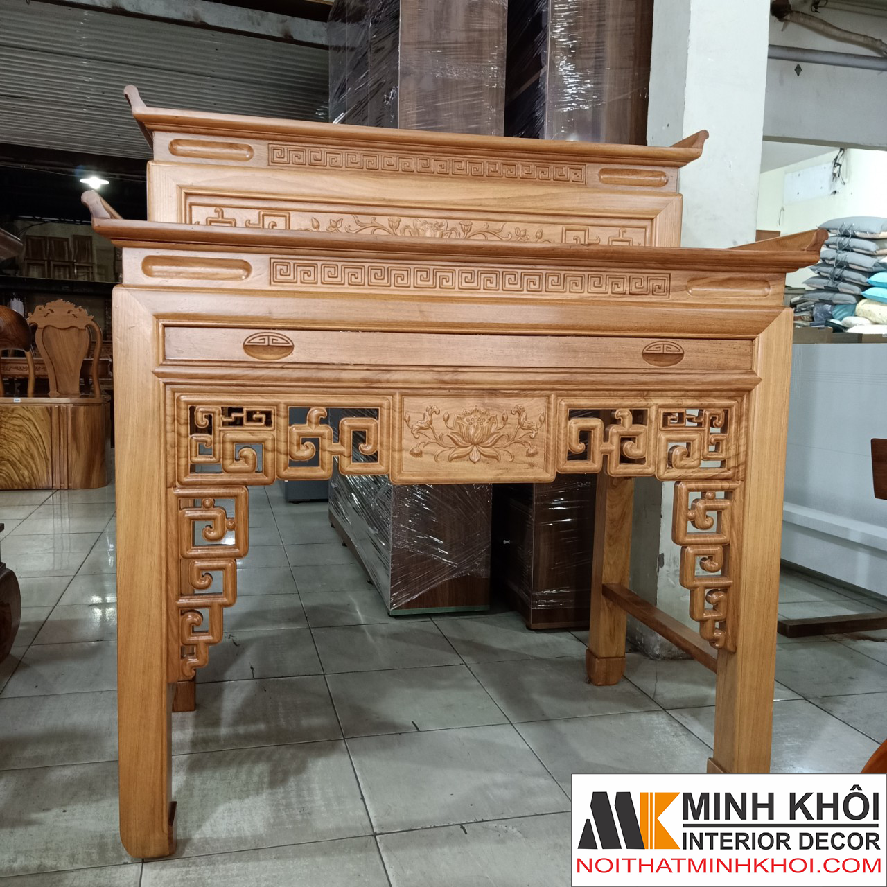 Bàn Thờ 2 Tầng Chạm Sen Gõ Đỏ-BT905