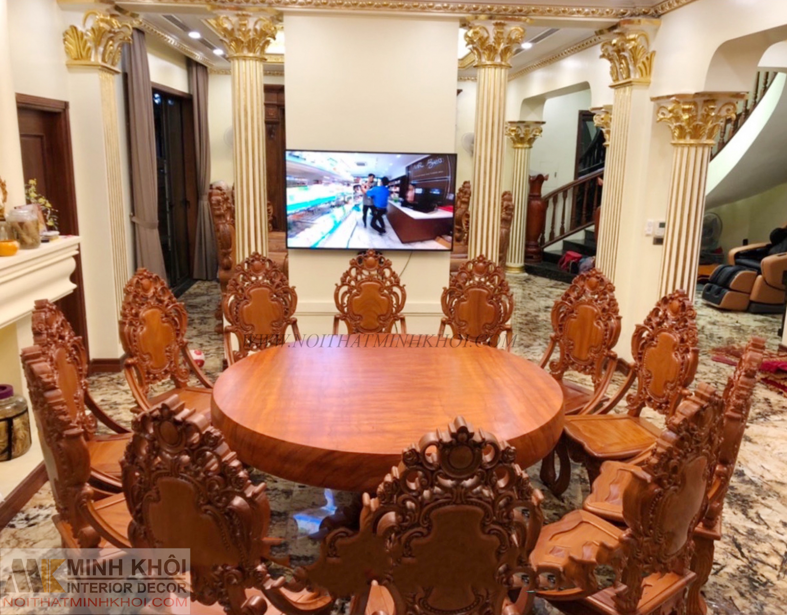 Bàn Ăn Gõ Đỏ Lào Nguyên Khối Tròn Chân Trụ 10 Ghế Cao Cấp- BA1014