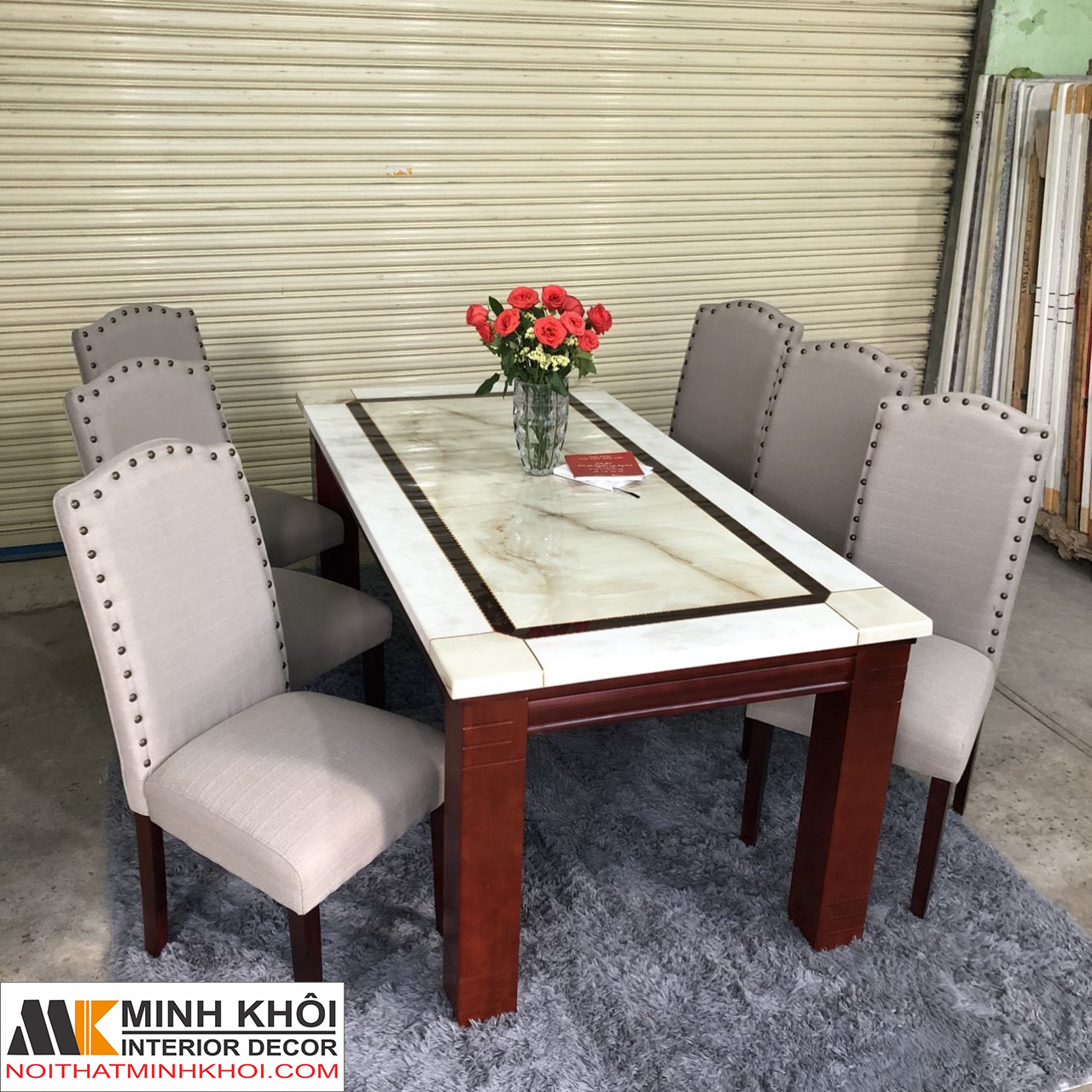 Bộ Bàn Ăn Gỗ Xoan Đào Mặt Đá Ghế Nệm Sang Trọng -BA1012