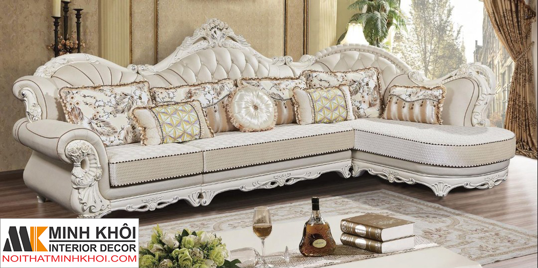 Sofa Góc Phòng Khách Cổ Điển Cao Cấp Màu Trắng Tinh Tế F455