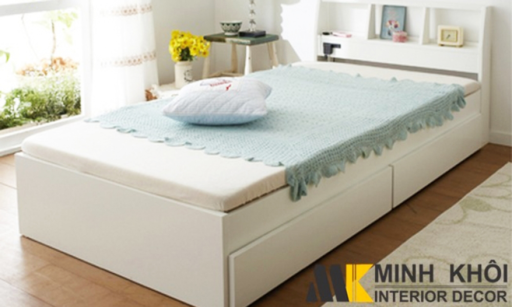 Giường đơn gỗ MDF sơn trắng có hộc kéo - GN016