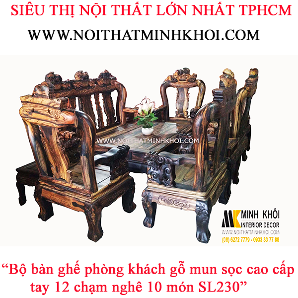 Bàn Ghế Phòng Khách Gỗ Mun Sọc Cao Cấp Tay 12 Chạm Nghê 10 Món