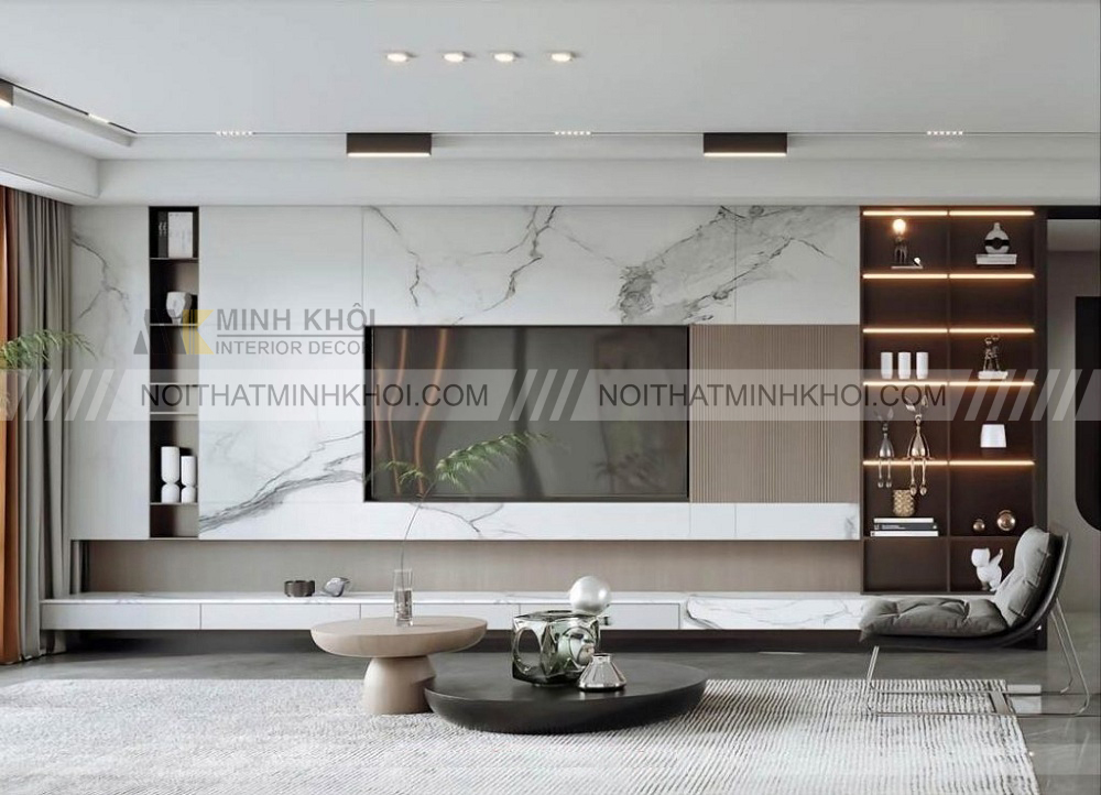 Kệ tivi âm tường tích hợp kệ sách, kệ trang trí