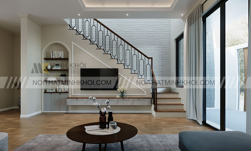 Kệ tivi kết hợp kệ trang trí dưới cầu thang