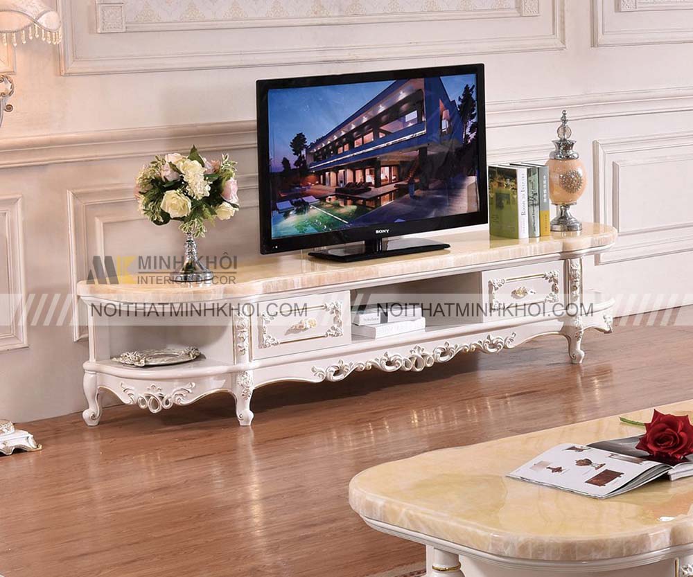 Kệ tivi tân cổ điển gỗ công nghiệp màu trắng tinh tế
