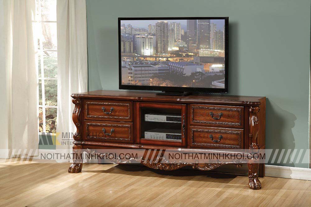 Kệ tivi tân cổ điển gỗ tự nhiên họa tiết nổi