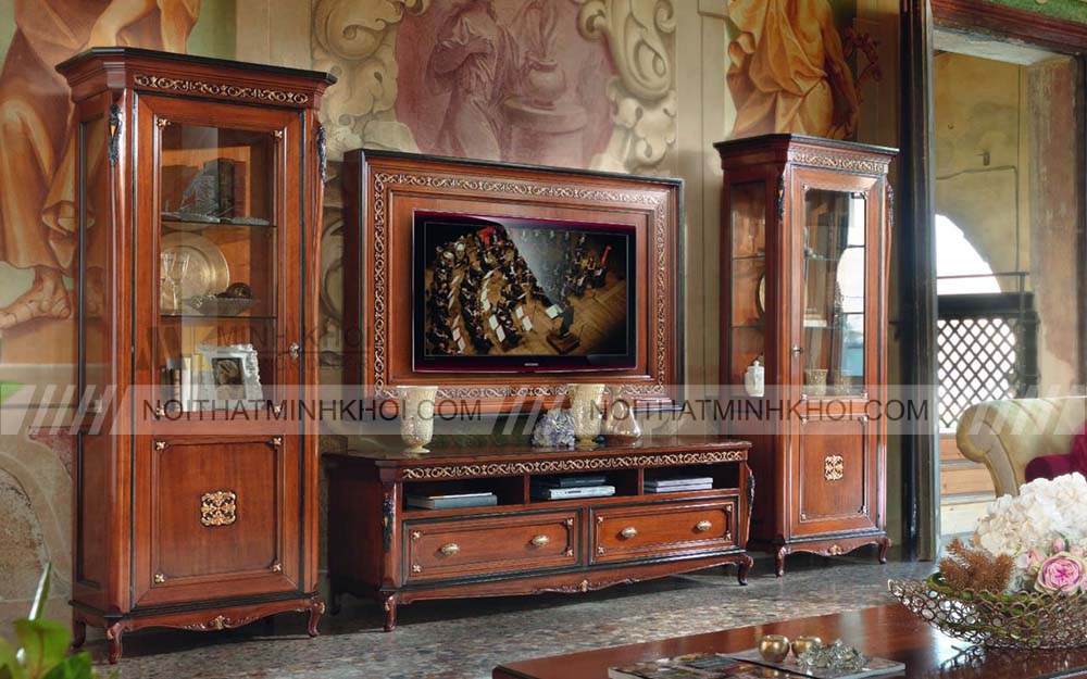 Kệ tivi tân cổ điển gỗ tự nhiên màu đỏ sang trọng