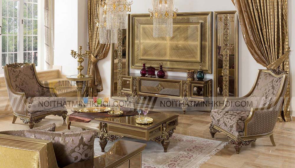 Kệ tivi tân cổ điển màu vàng đồng ấn tượng