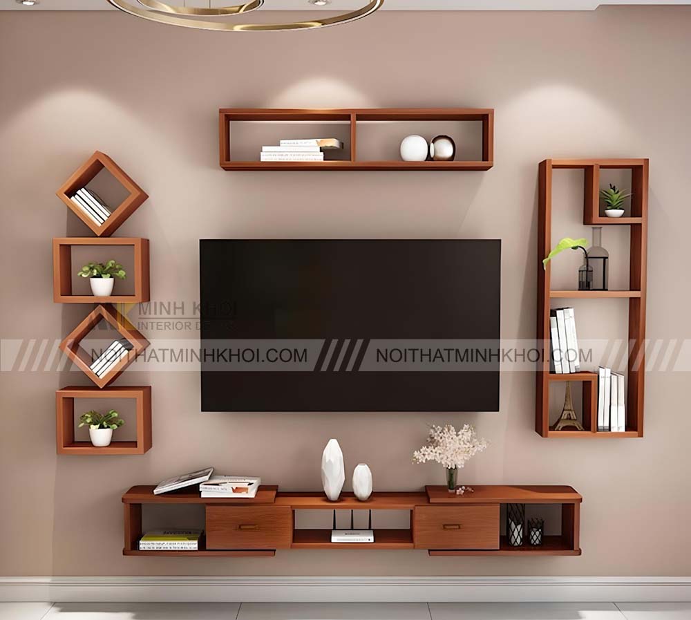 Kệ tivi treo tường bằng gỗ trang trí đẹp
