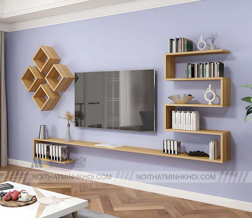 Kệ tivi treo tường bằng gỗ tự nhiên thông minh, hiện đại