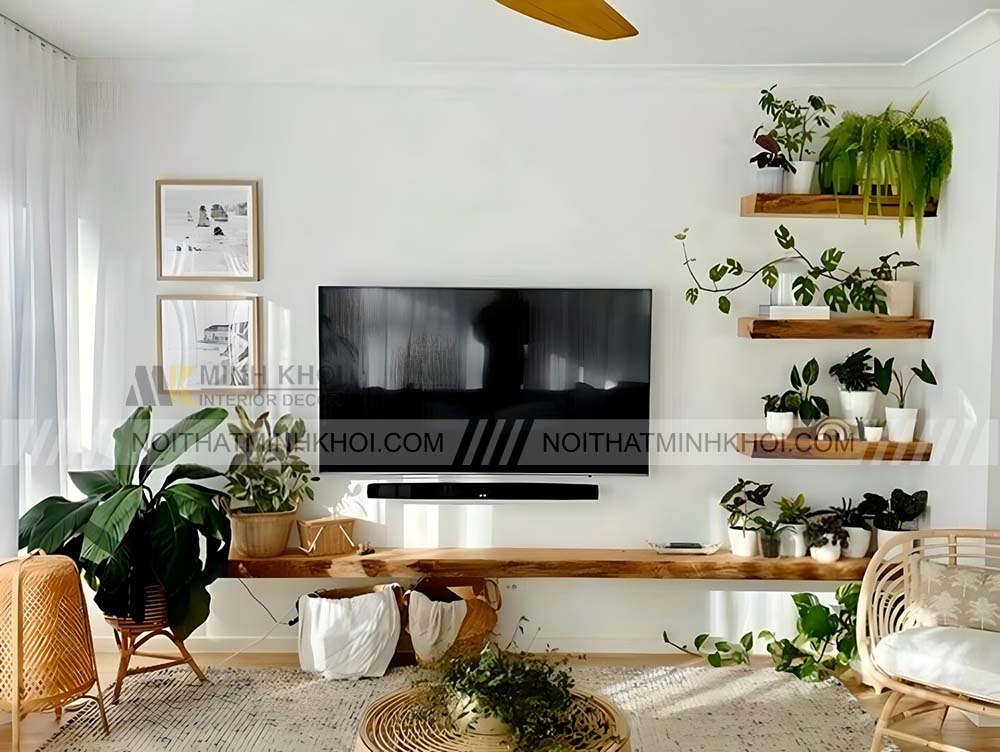 Kệ tivi treo tường gỗ tự nhiên âm tường