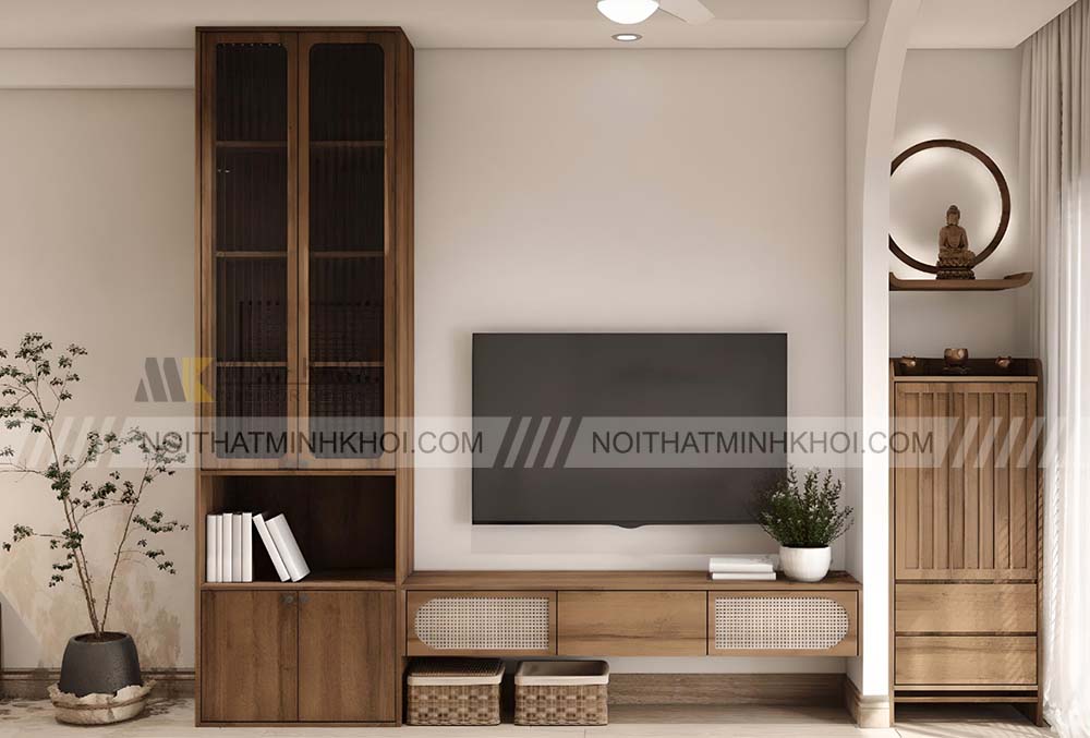 Kệ tivi treo tường gỗ tự nhiên kết hợp tủ đứng