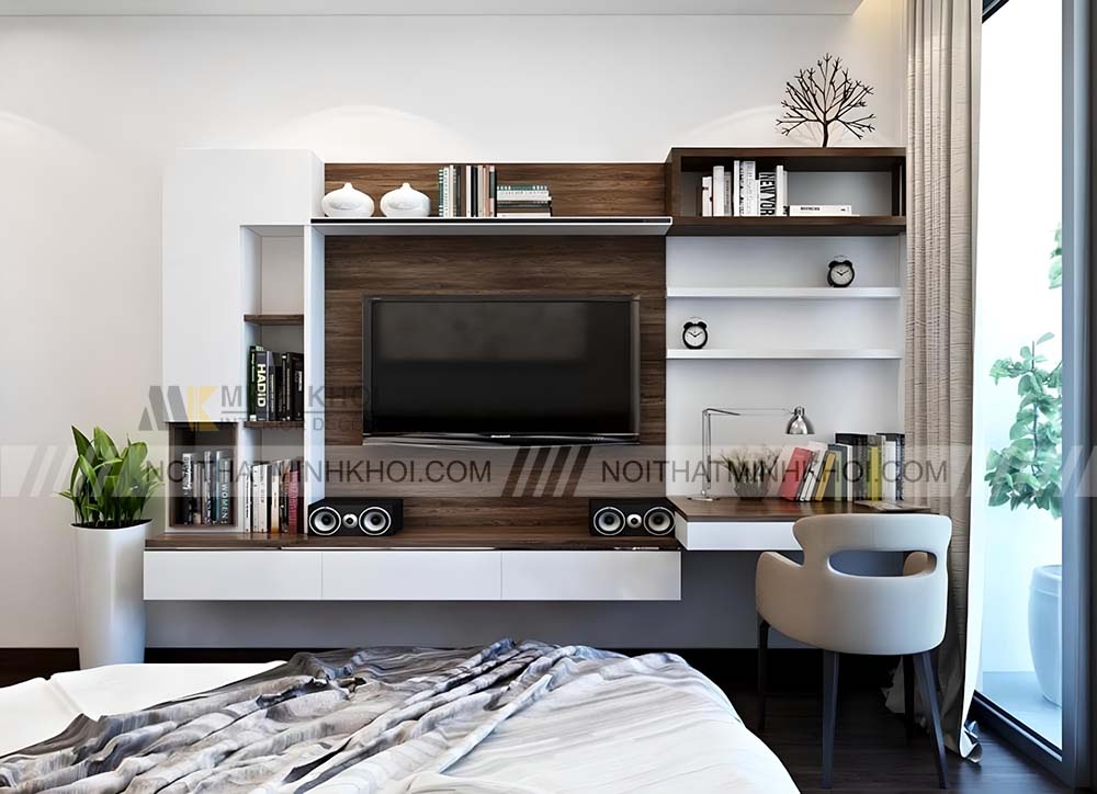 Kệ tivi treo tường gỗ tự nhiên trang trí phòng ngủ