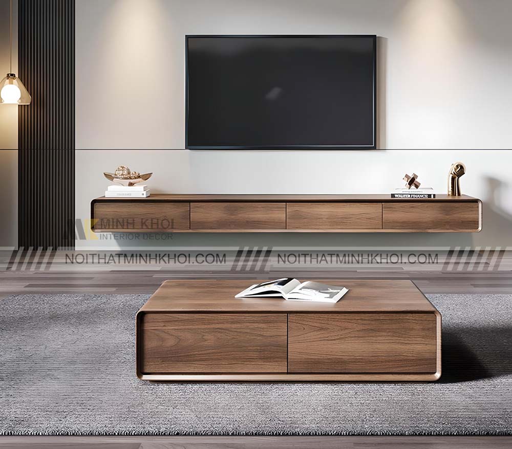 Kệ tivi treo tường từ gỗ tự nhiên màu óc chó