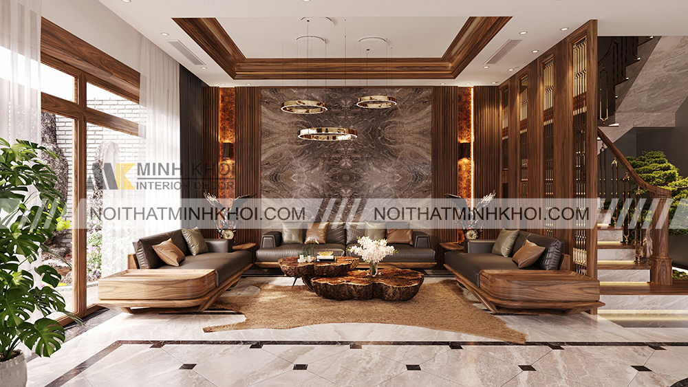 Mẫu sofa chữ U gỗ óc chó