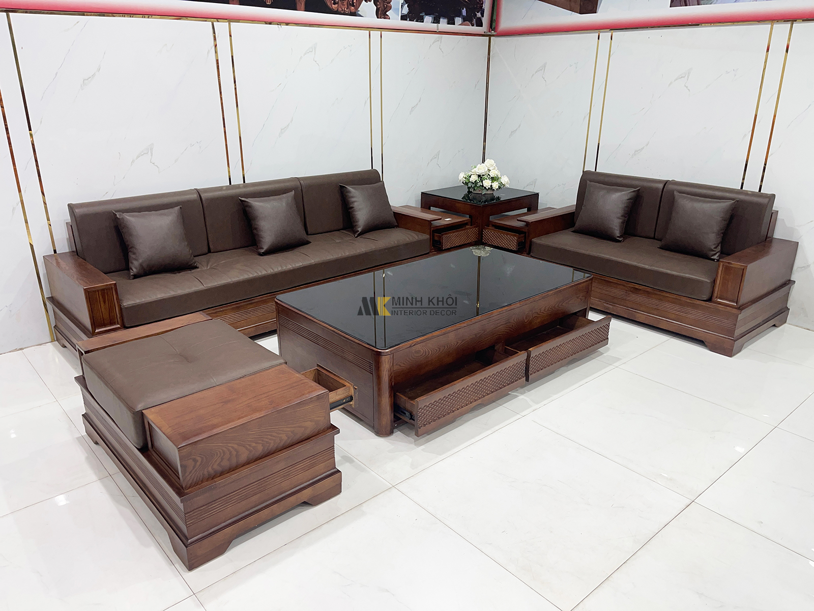 Bộ Sofa Hiện Đại Gỗ Sồi Óc Chó 5 Món Có Nệm - SF846