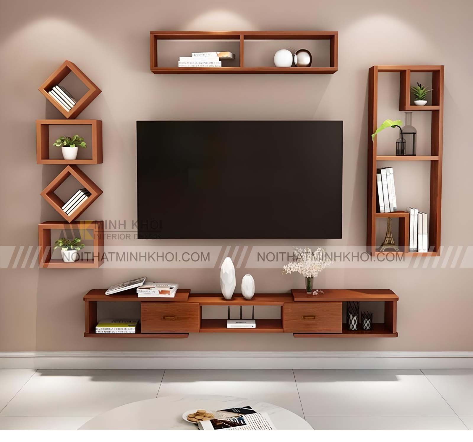 Thiết kế kệ treo tường phòng khách hình ô vuông