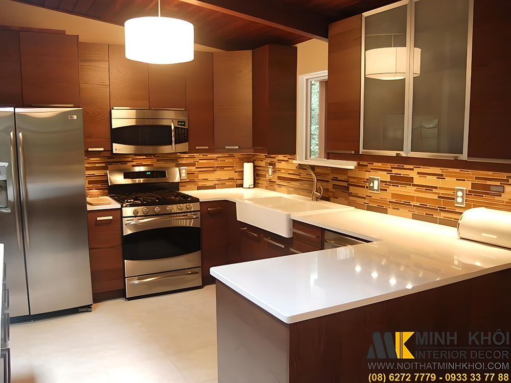 Tủ bếp Laminate màu nâu trắng thanh lịch