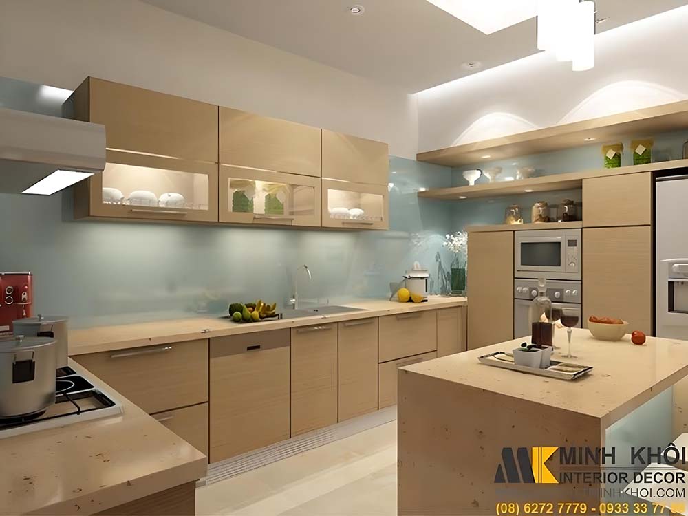 Tủ bếp Laminate màu vàng nhạt phong cách tối giản