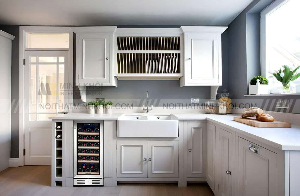 Tủ bếp MDF acrylic màu trắng kết hợp tủ rượu vang