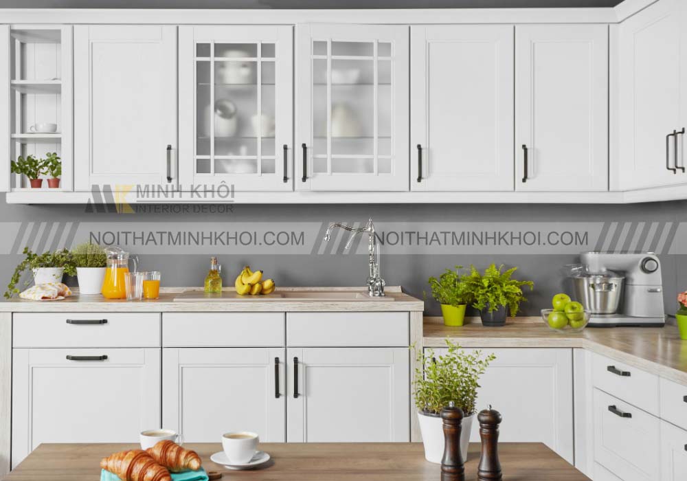 Tủ bếp MDF phủ acrylic màu trắng