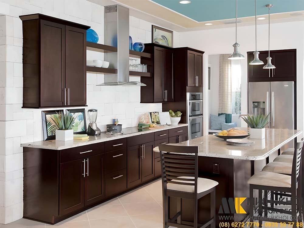Tủ bếp chữ I gỗ xoan đào màu nâu trầm