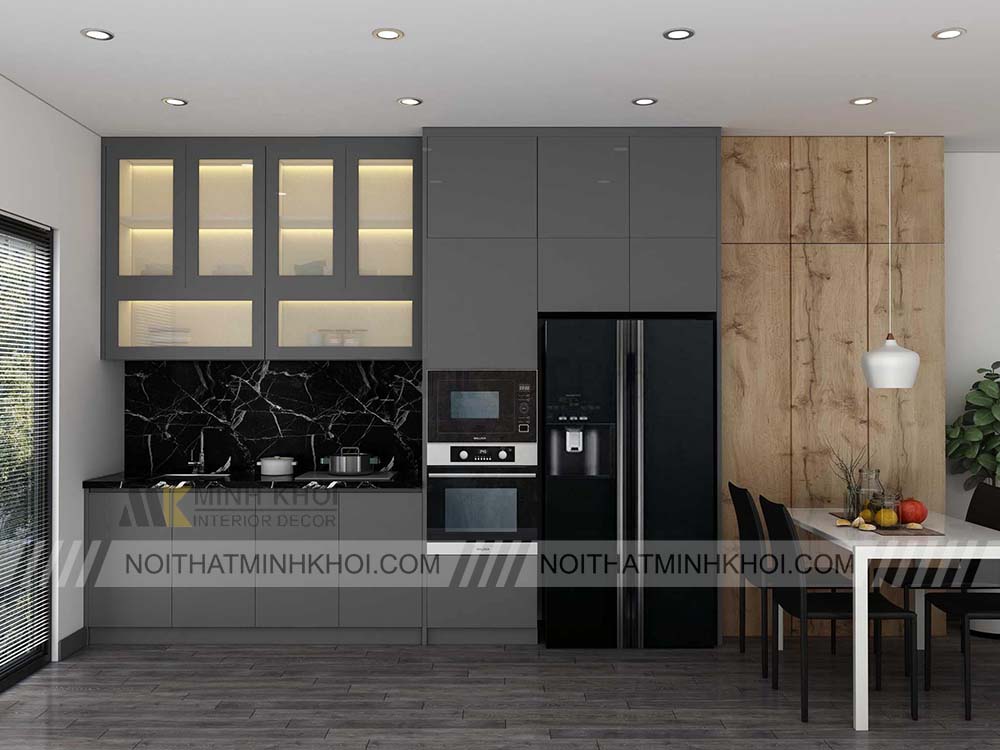 Tủ bếp chữ I màu xám cho ngôi nhà nhỏ