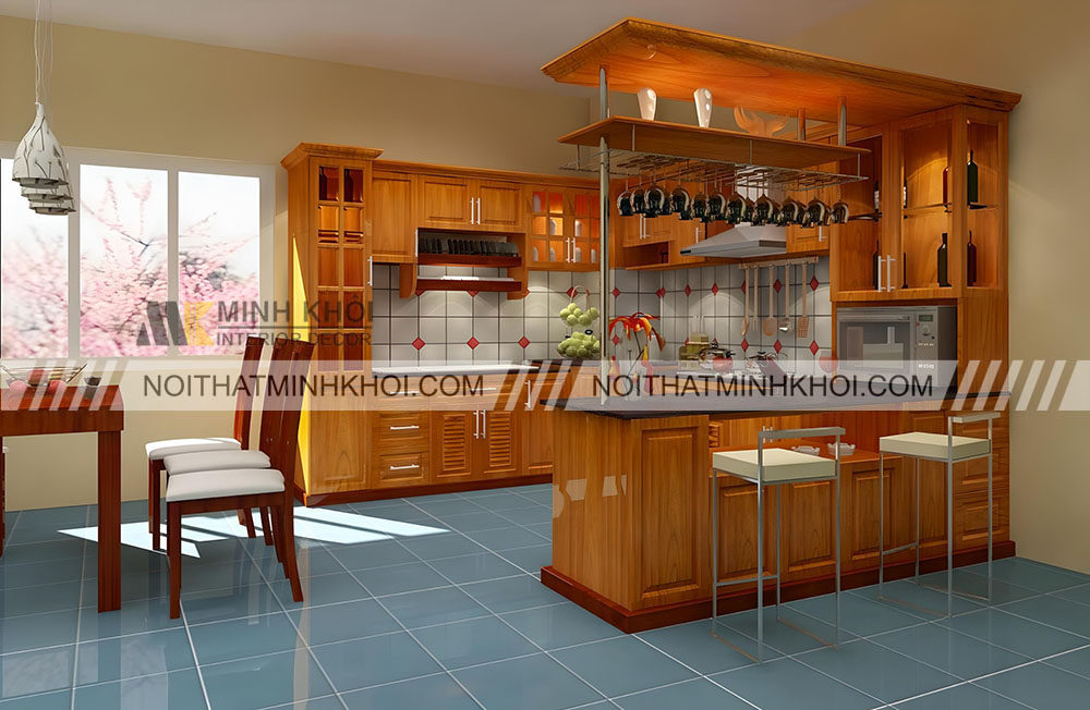 Tủ bếp chữ U gỗ tự nhiên kết hợp tủ rượu