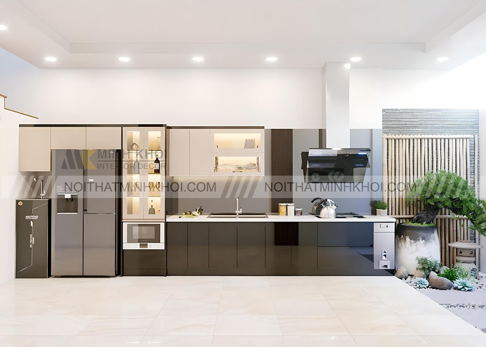 Tủ bếp đơn giản kết hợp tủ rượu nhỏ gọn