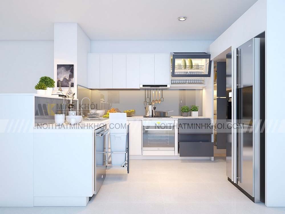 Tủ bếp gỗ phủ acrylic chữ L màu xám tro hiện đại