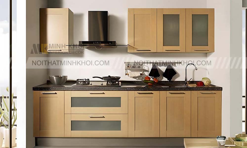Tủ bếp đơn giản mà đẹp gỗ sồi màu nâu sáng