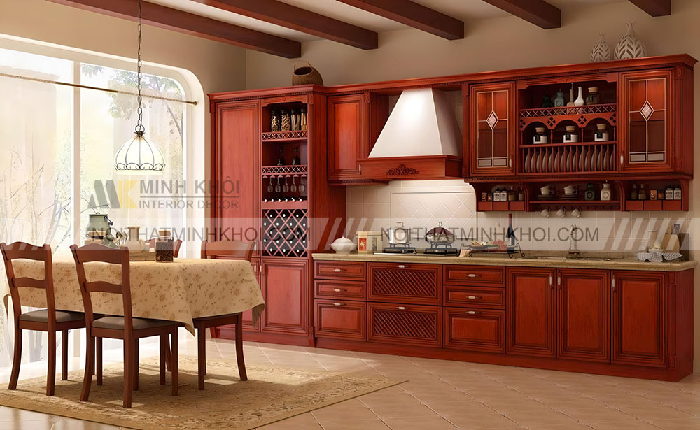 Tủ bếp gỗ kết hợp tủ rượu màu nâu đỏ sang trọng