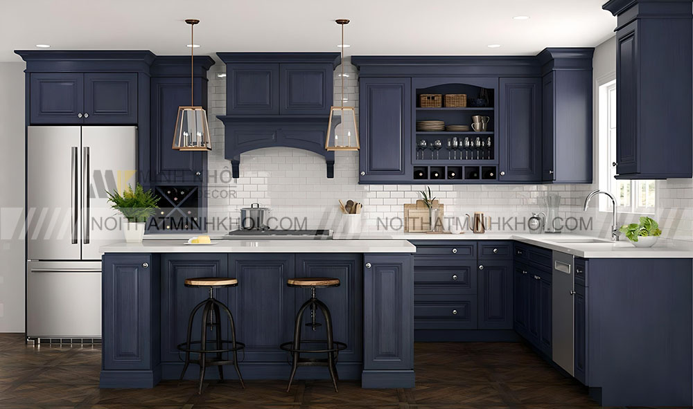 Tủ bếp gỗ màu xanh độc đáo kết hợp tủ rượu nhỏ