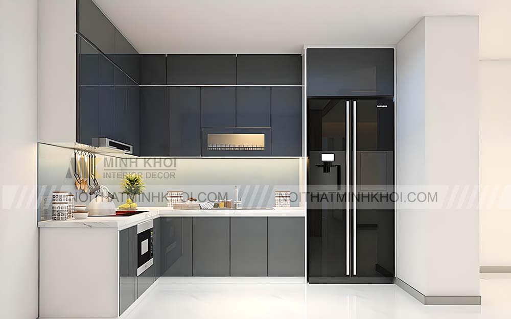 Tủ bếp gỗ phủ Acrylic màu xám tro hiện đại