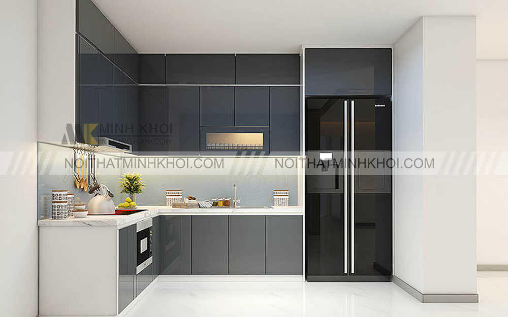 Tủ bếp gỗ phủ acrylic chữ L màu xám tro hiện đại