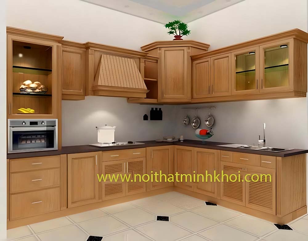 Tủ bếp gỗ sồi tự nhiên cao cấp màu vàng nắng đẹp