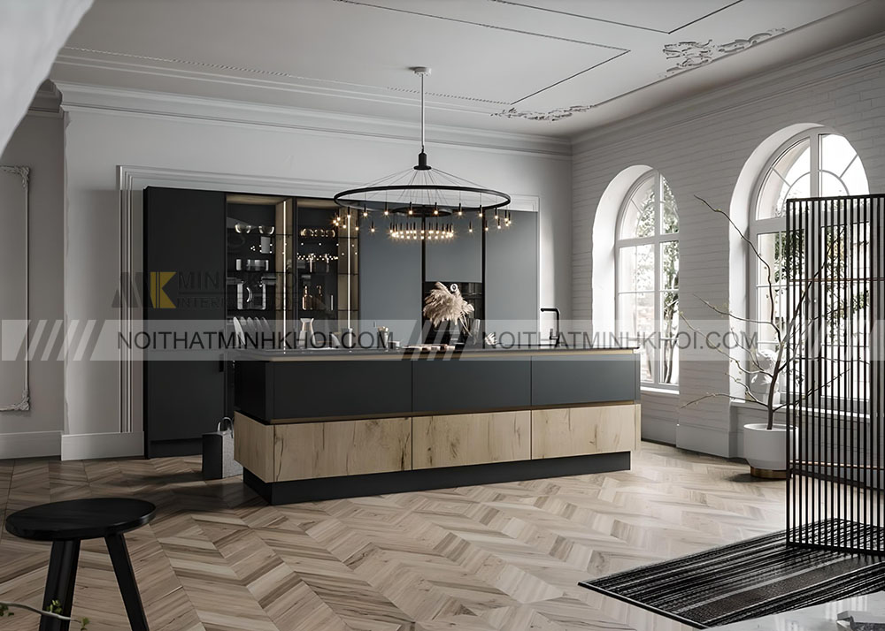 Tủ bếp kết hợp tủ rượu bằng kính màu đen tinh tế