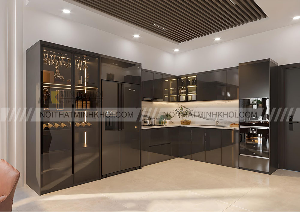 Tủ bếp kết hợp tủ rượu phong cách hiện đại