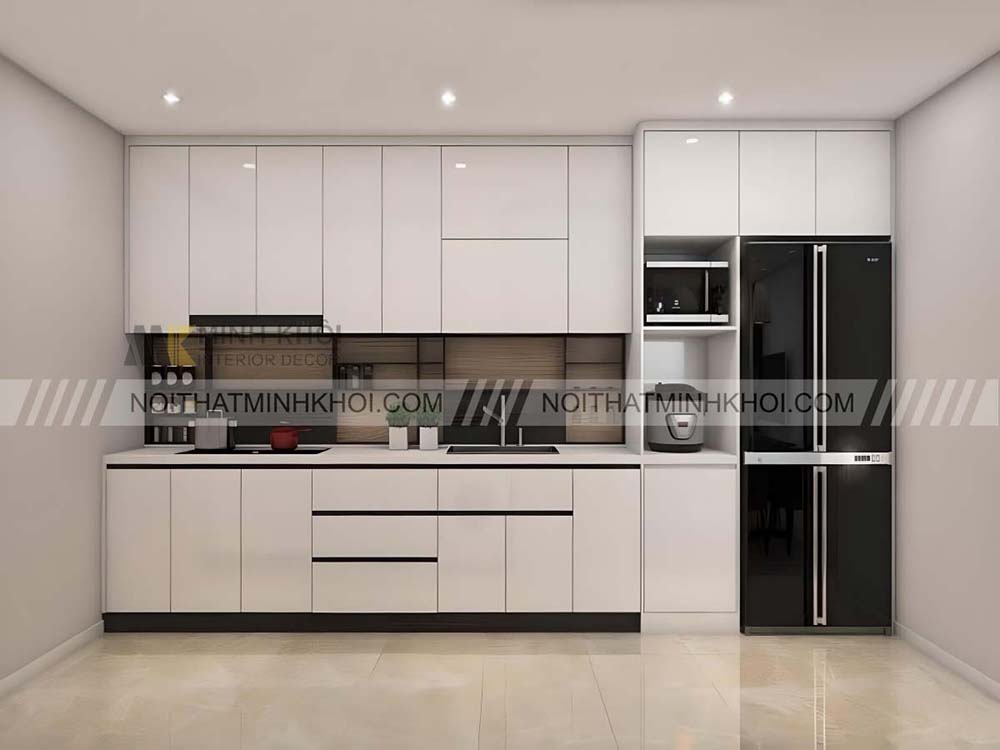 Tủ bếp màu trắng đen phong cách hiện đại