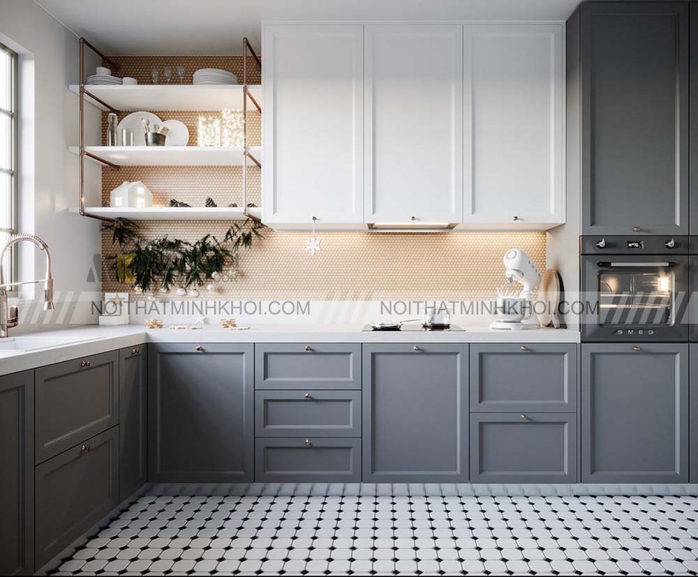 Tủ bếp màu xám chất liệu nhôm