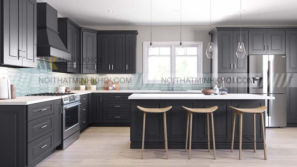 Tủ bếp màu xám đen quyến rũ