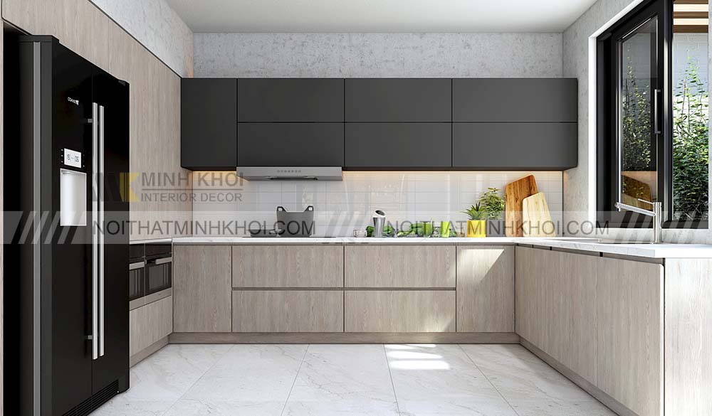 Tủ bếp màu xám sử dụng gỗ công nghiệp