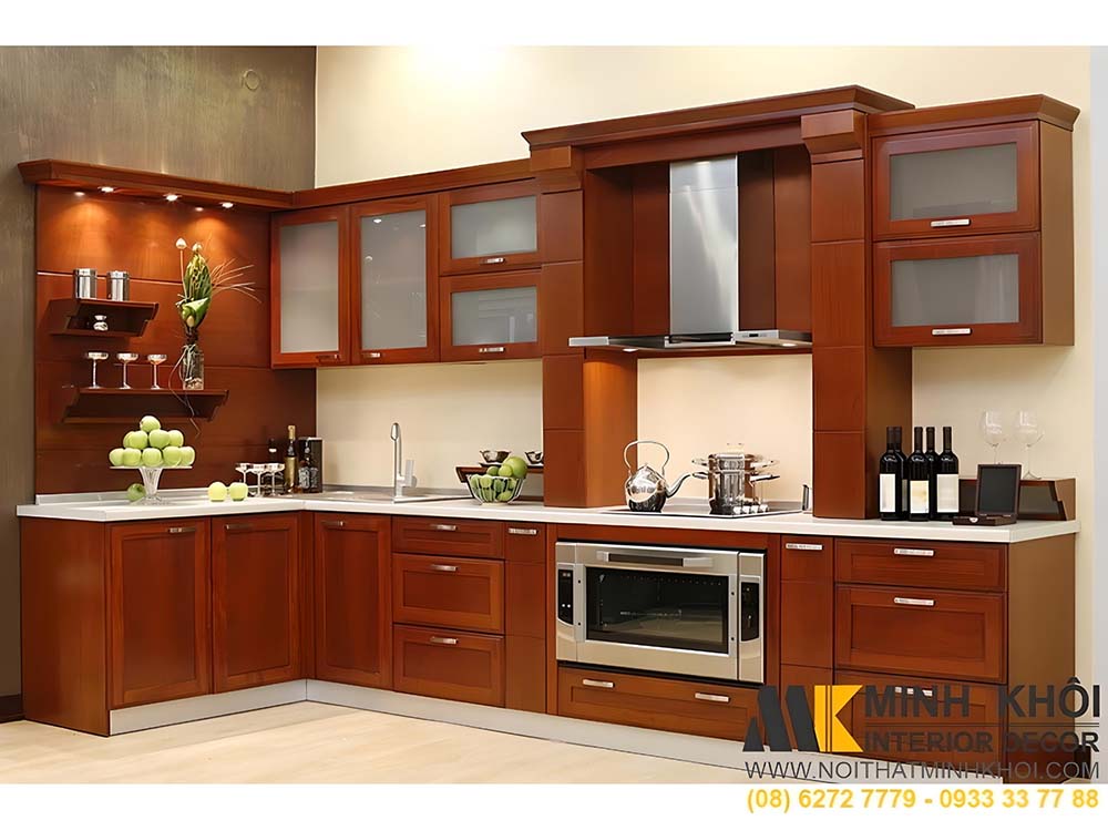 Tủ bếp treo tường có cửa sổ chữ L gỗ căm xe đẹp