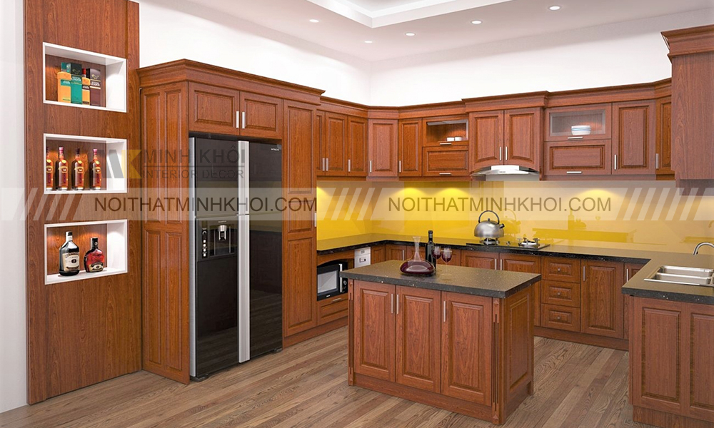 Tủ bếp treo tường gỗ xoan đào hình chữ U hiện đại