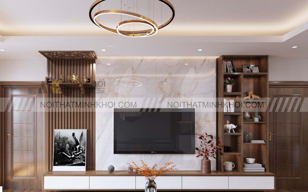 Vách ngăn có kệ tivi làm từ gỗ công nghiệp