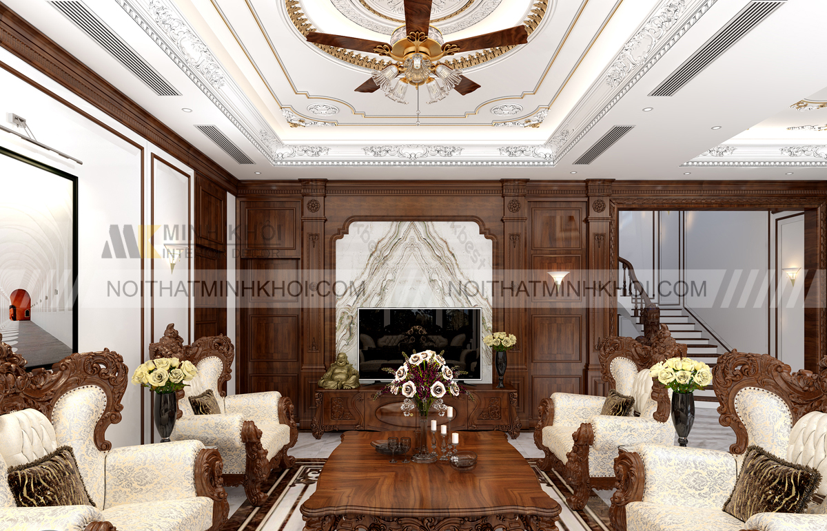 Vách ngăn có kệ tivi làm từ gỗ tự nhiên