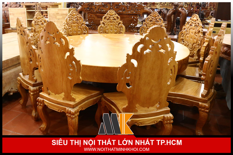 Bộ Bàn Ăn 10 Ghế Gỗ Gõ Nguyên Tấm chí có tại Minh Khôi